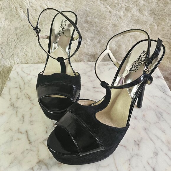 Michael Kors Women's Black Felicia T-Strap Black Platform  High Heel Sandal - Picture 1 of 10